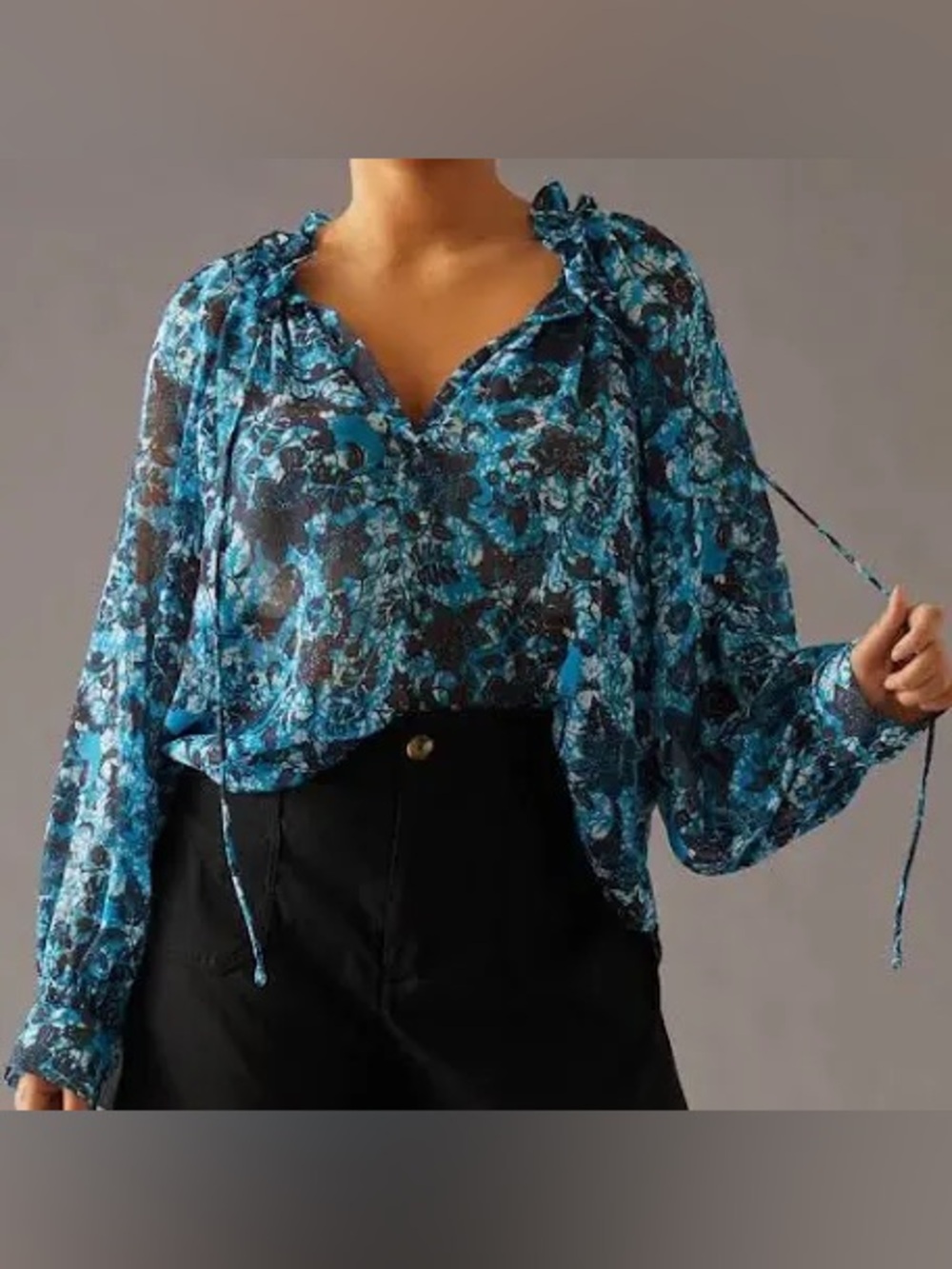 Anthropologie Teal Blue Floral Tie-Neck Sheer Blouse